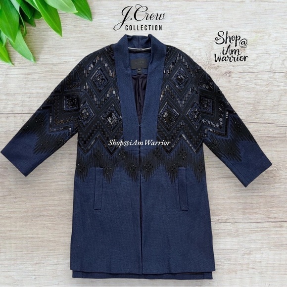 J.Crew Collection black beaded embroidered linen navy topcoat *shop@iamwarrior - Picture 7 of 15